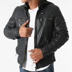 Bon marché 😍 Veste Cuir Capuche Barcelona Bleu Marine de Redskins ✔️