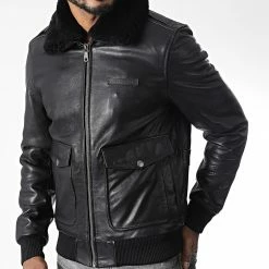 Nouveau 🔔 Veste Cuir Col Fourrure Patton Argus Noir de Redskins 🛒 -Redskins Soldes redskins 344126 PATTON ARGUS BLACK 20221021T152855 03